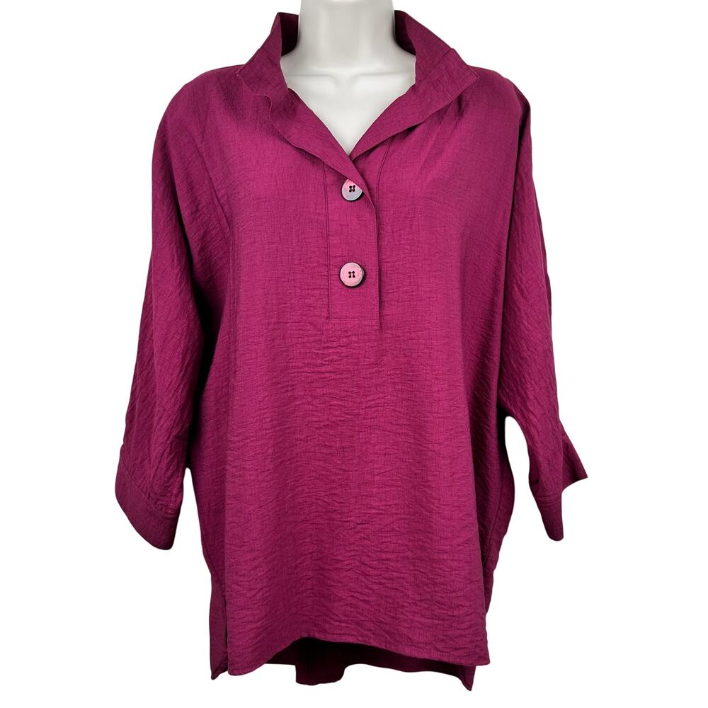 John Mark Blouse Top Tunic Popover Relaxed Buttons 3/4 Sleeve Magenta Medium